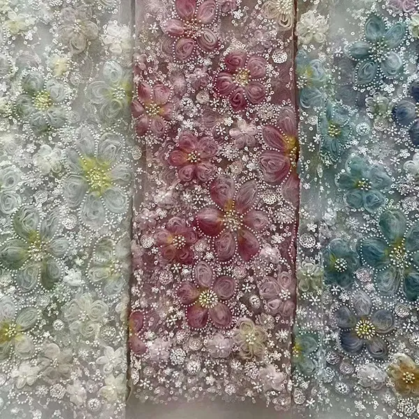 スパンコールとビーズ付きの 3D リボン花刺繍ネット生地