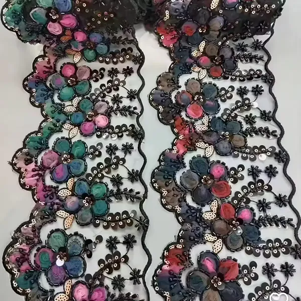 Multicolor Embroidered Lace With 3d Mesh Flowers Ribbon Beaded Tube Barcode Embroidery Lace