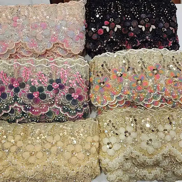 マルチカラー刺繍レース 3D メッシュ花リボンビーズチューブバーコード刺繍レース