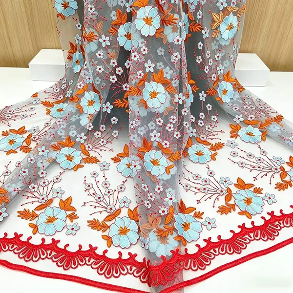 ドレス用ヴィンテージマルチカラー刺繍メッシュレース生地